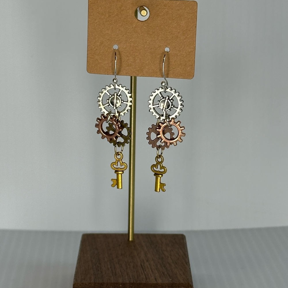 Key and gear mixed metal steampunk earrings
